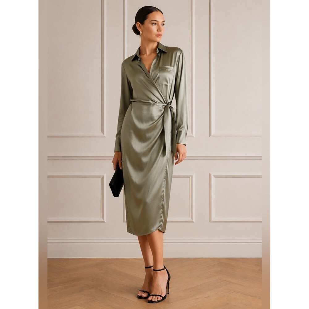 Jason Wu Sage Green Heavyweight Satin Wrap Midi Dress Sz S Designer Chic Minimal